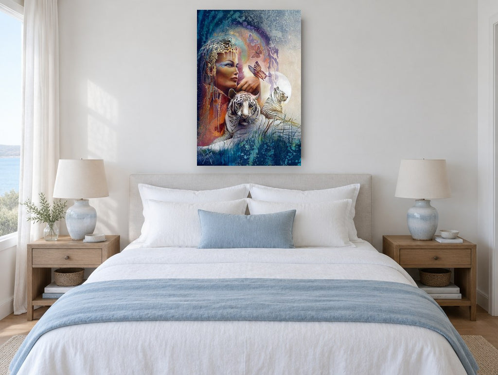 Tiger Queen and Butterflies animal canvas print on the wall of a bedroom