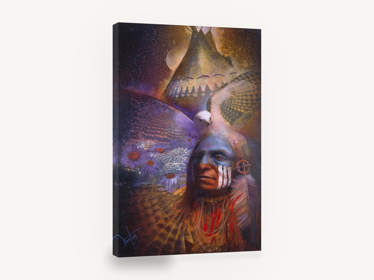 Hawk Over the Warrior, native american portrait with hawk artwork, animal canvas wall art print ready to hang