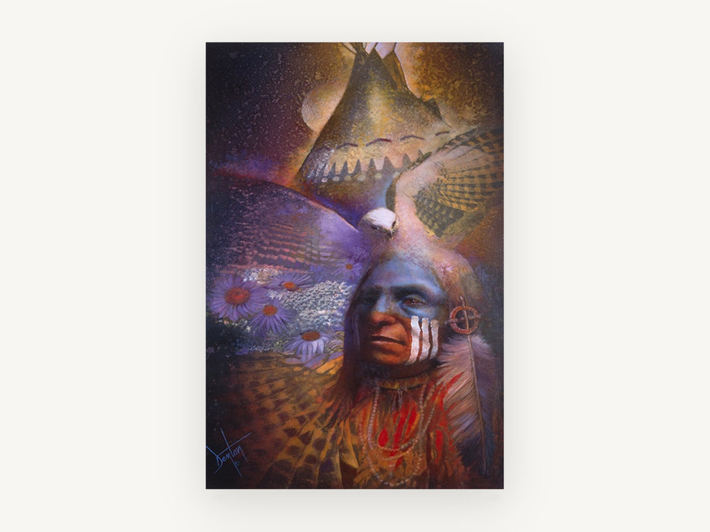 Hawk Over the Warrior, native american portrait with hawk artwork, animal canvas wall art print, front view