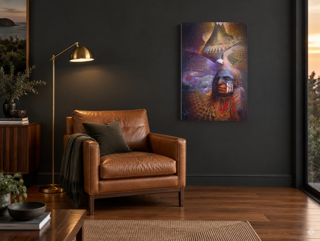 Hawk Over the Warrior animal canvas print on the wall of a charcoal living room