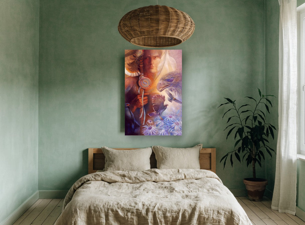 Raptors and Blue Daisies animal canvas print on the wall of a bedroom