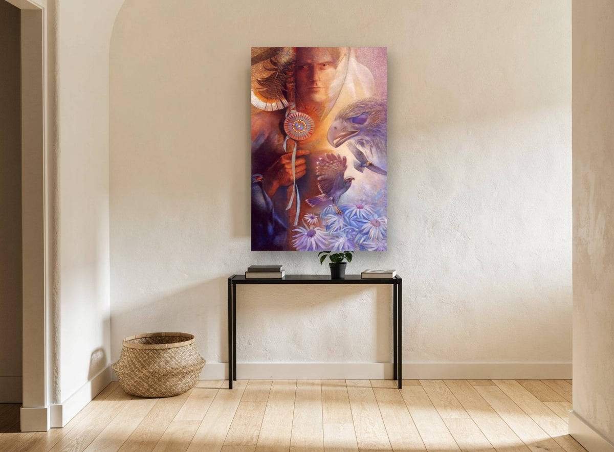 Raptors and Blue Daisies animal canvas print on the wall of a hallway