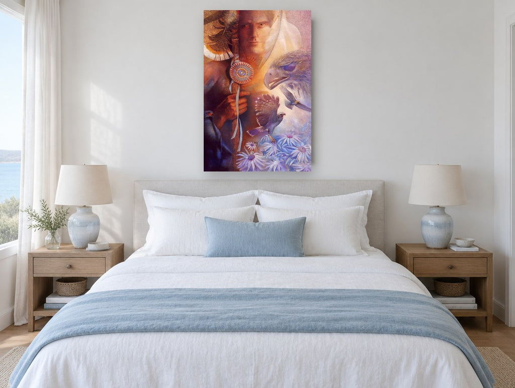 Raptors and Blue Daisies animal canvas print on the wall of a bedroom