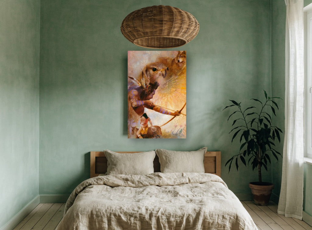 Hawk Wolf and Archer animal canvas print on the wall of a bedroom