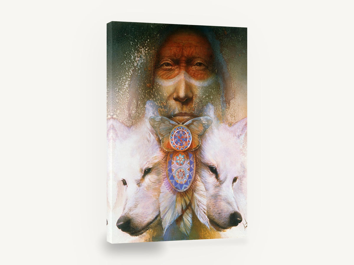 Spirit Wolves Vision, white wolves and elder portrait artwork, animal canvas wall art print ready to hang