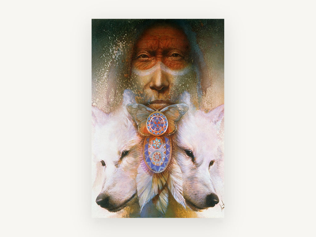 Spirit Wolves Vision, white wolves and elder portrait artwork, animal canvas wall art print, front view