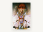 Spirit Wolves Vision, white wolves and elder portrait artwork, animal canvas wall art print, front view