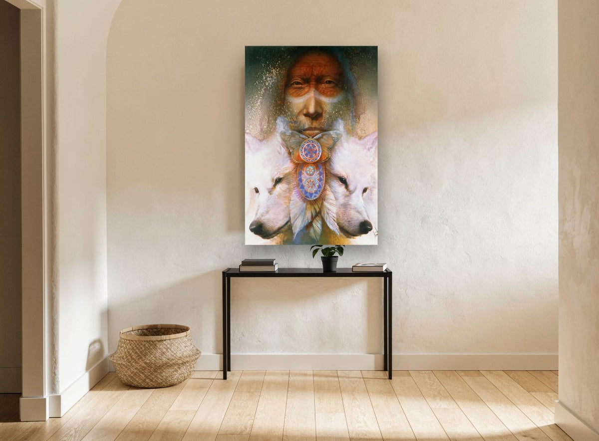 Spirit Wolves Vision animal canvas print on the wall of a hallway