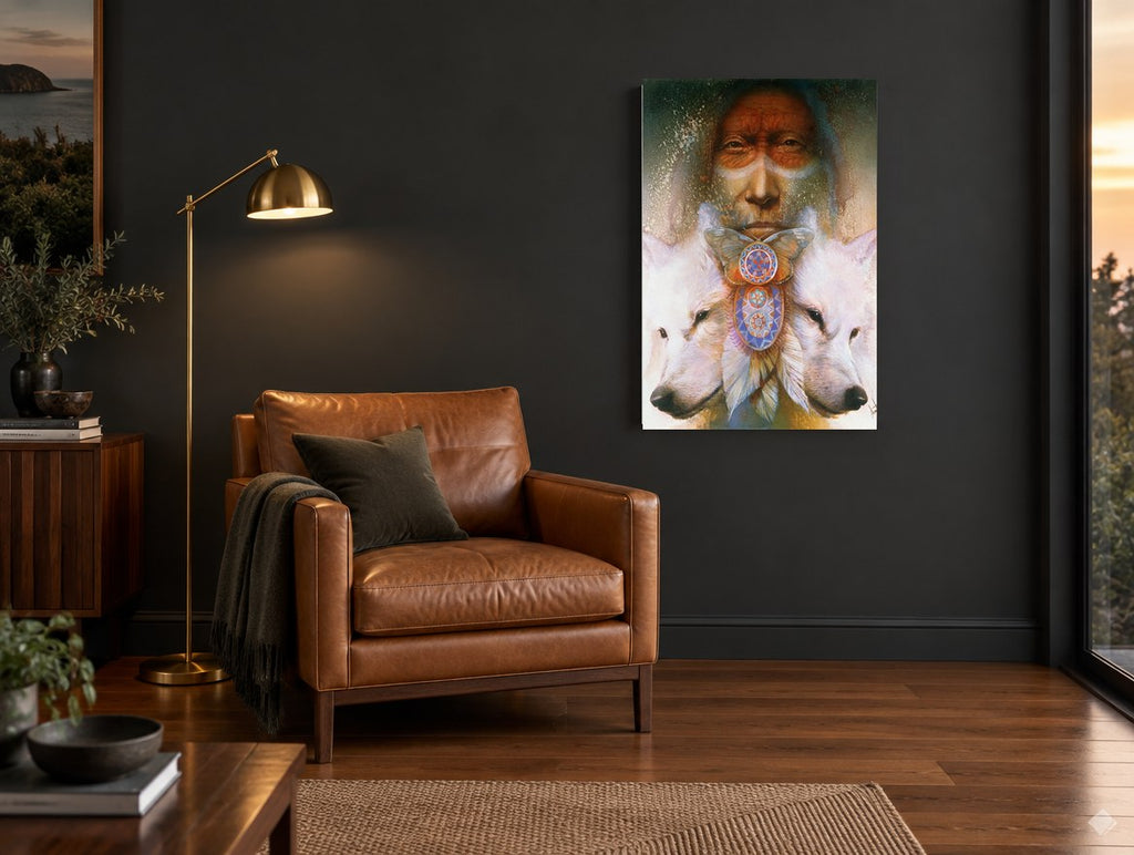 Spirit Wolves Vision animal canvas print on the wall of a charcoal living room