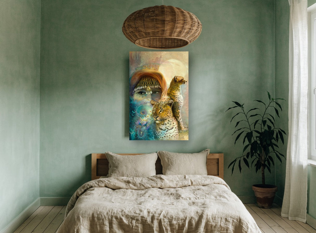 Veiled Gaze and Big Cats animal canvas print on the wall of a bedroom