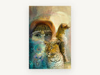 Veiled Gaze and Big Cats, woman with leopard and cheetah artwork, animal canvas wall art print, front view