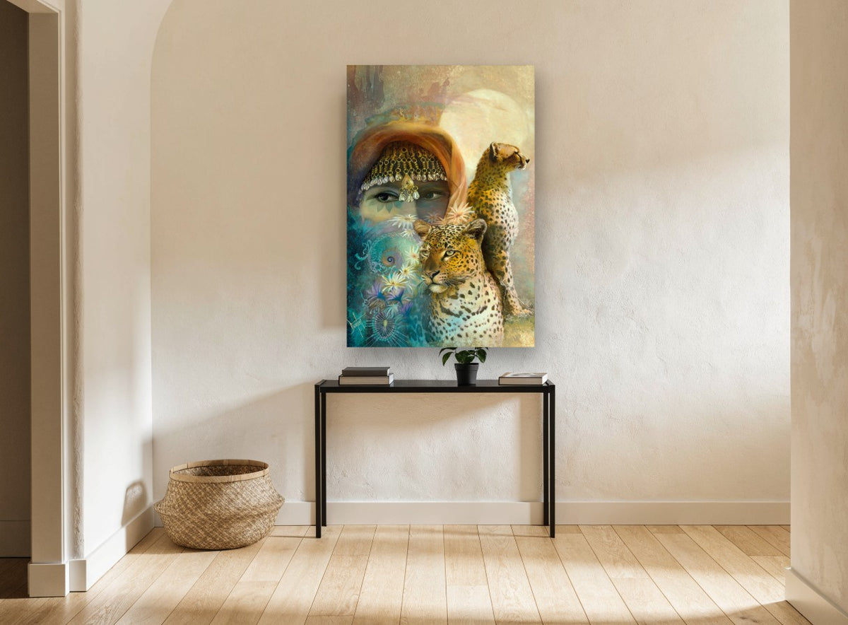 Veiled Gaze and Big Cats animal canvas print on the wall of a hallway