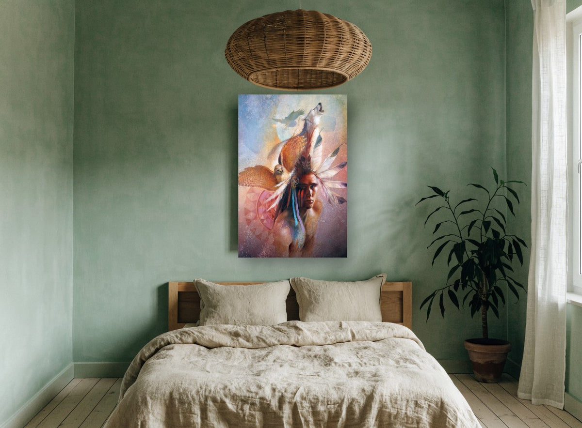 Spirit Wolf and Hawk animal canvas print on the wall of a bedroom