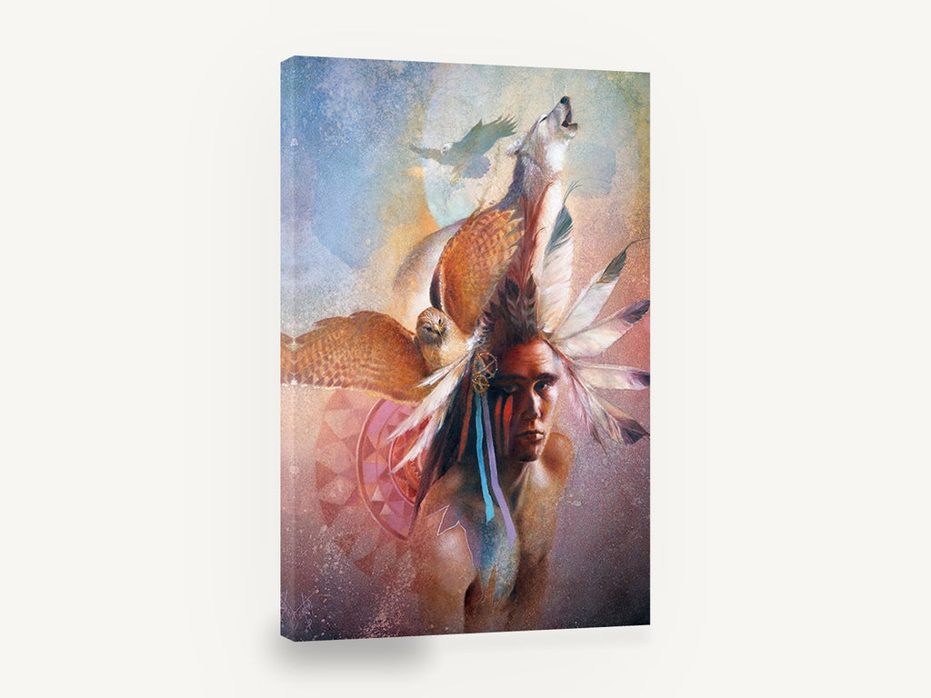Spirit Wolf and Hawk, warrior wolf and hawk portrait art, animal canvas wall art print ready to hang