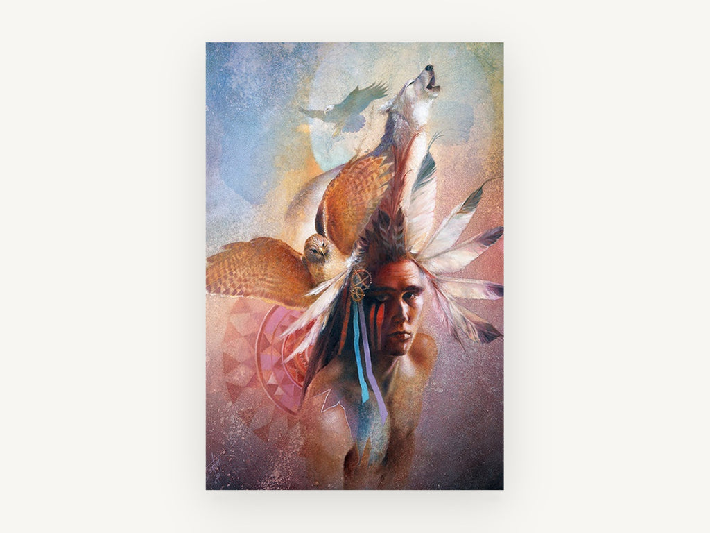 Spirit Wolf and Hawk, warrior wolf and hawk portrait art, animal canvas wall art print, front view
