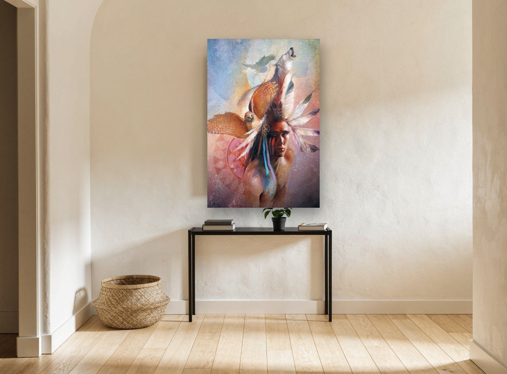 Spirit Wolf and Hawk animal canvas print on the wall of a hallway