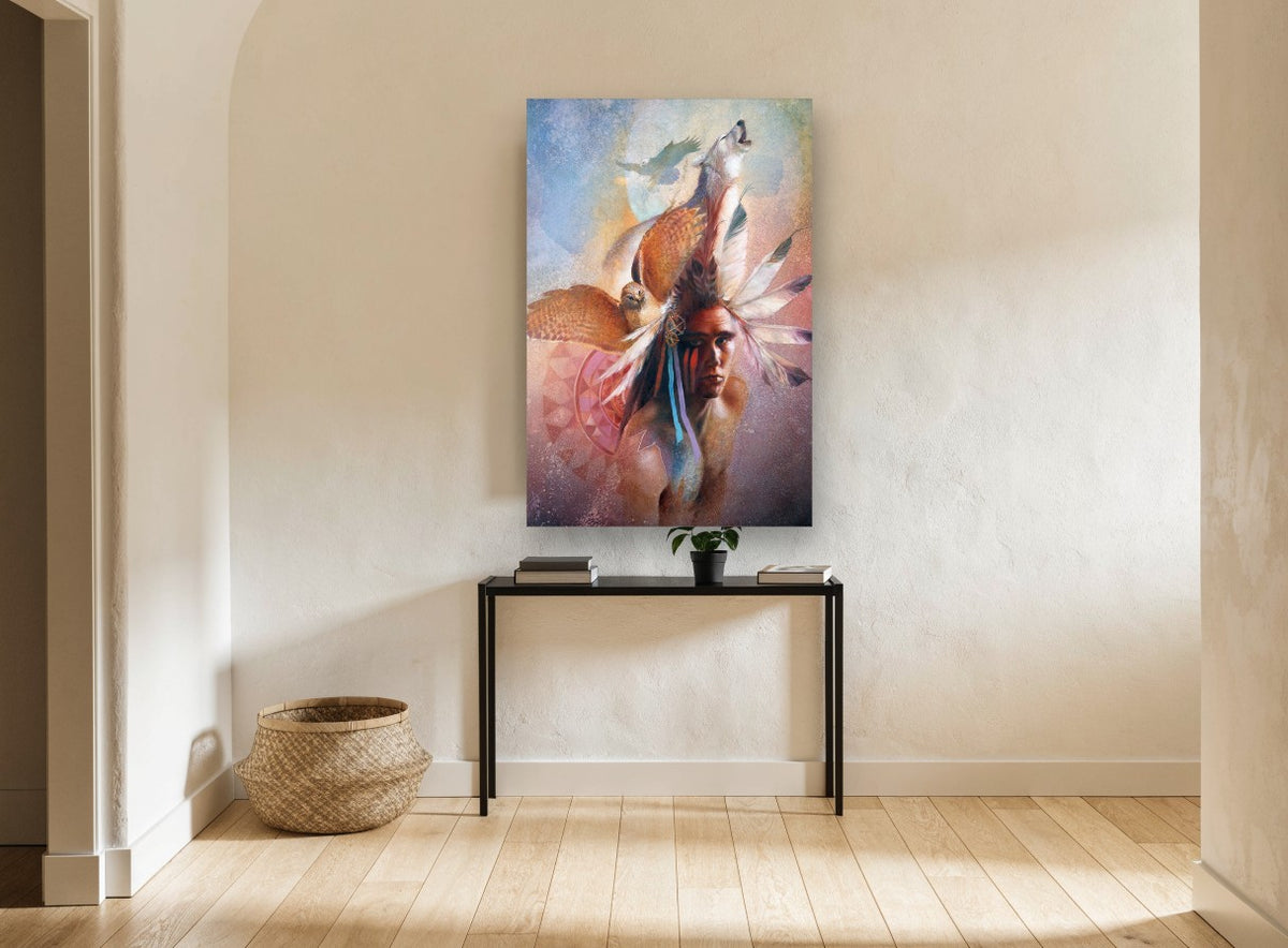 Spirit Wolf and Hawk animal canvas print on the wall of a hallway