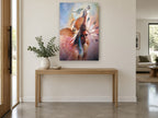 Spirit Wolf and Hawk animal canvas print on the wall of a entry hall