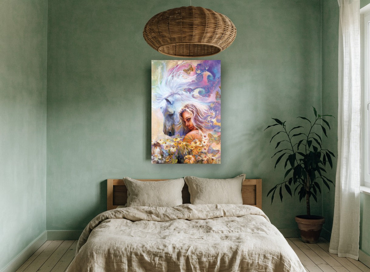 Dreaming Mare and Maiden animal canvas print on the wall of a bedroom