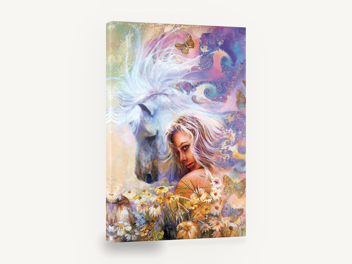Dreaming Mare and Maiden, white horse and woman fantasy artwork, animal canvas wall art print ready to hang