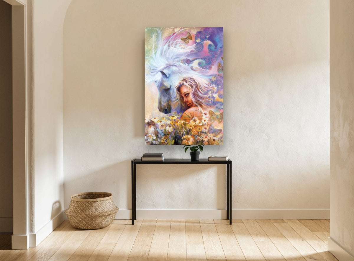 Dreaming Mare and Maiden animal canvas print on the wall of a hallway