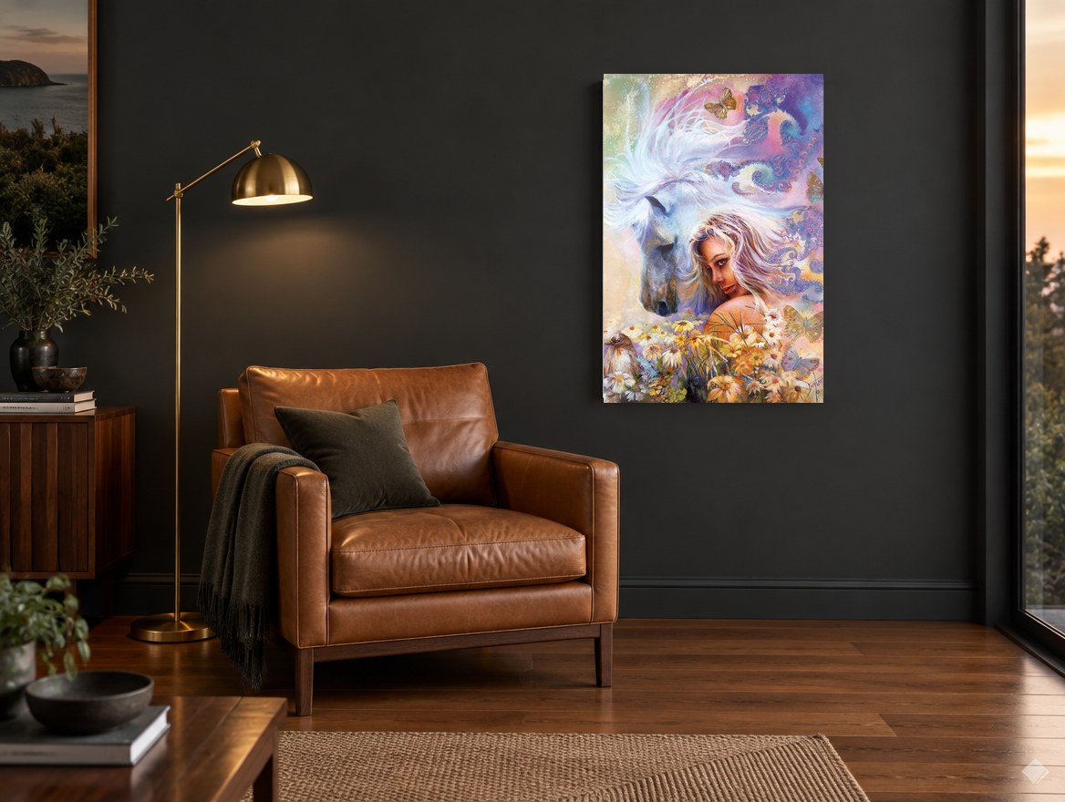 Dreaming Mare and Maiden animal canvas print on the wall of a charcoal living room