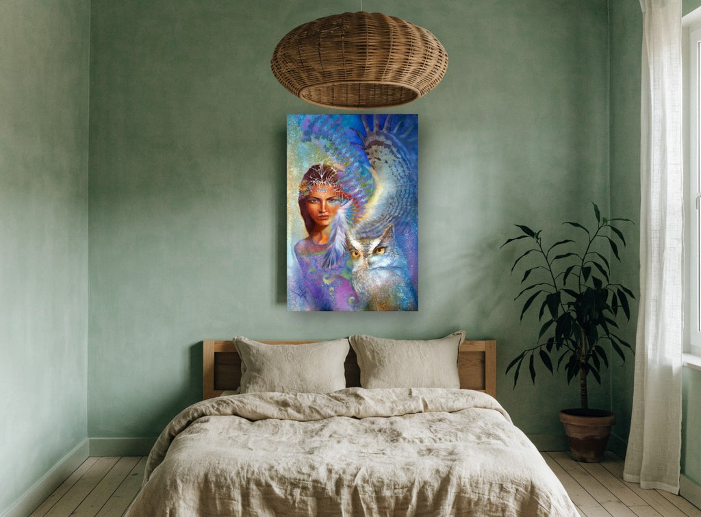 Owl and Feather Woman animal canvas print on the wall of a bedroom
