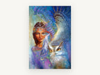 Owl and Feather Woman, woman and owl fantasy portrait, animal canvas wall art print, front view