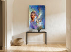 Owl and Feather Woman animal canvas print on the wall of a hallway