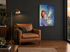 Owl and Feather Woman animal canvas print on the wall of a charcoal living room