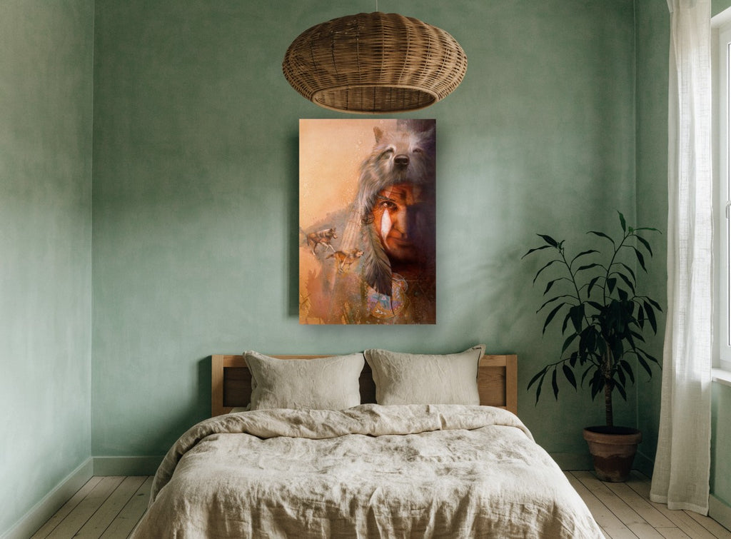 Wolf Headdress Spirit animal canvas print on the wall of a bedroom