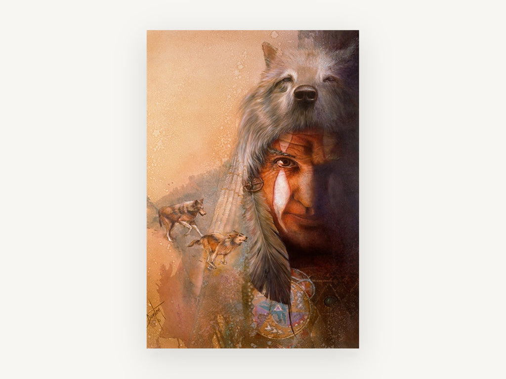 Wolf Headdress Spirit, wolf headdress portrait illustration, animal canvas wall art print, front view