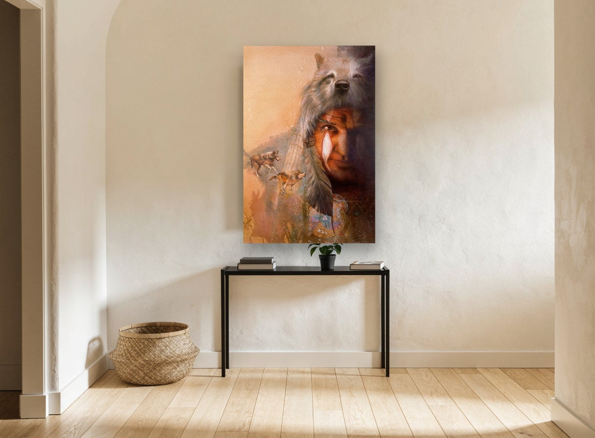 Wolf Headdress Spirit animal canvas print on the wall of a hallway