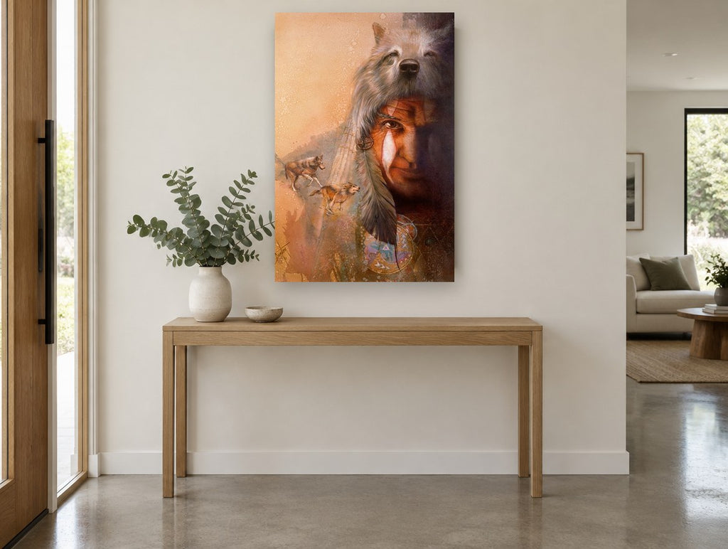 Wolf Headdress Spirit animal canvas print on the wall of a entry hall