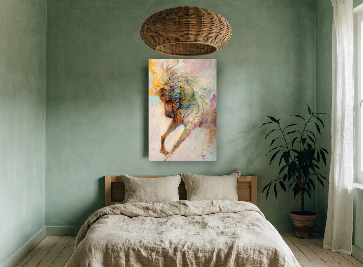 Dancing Paisley Horse animal canvas print on the wall of a bedroom