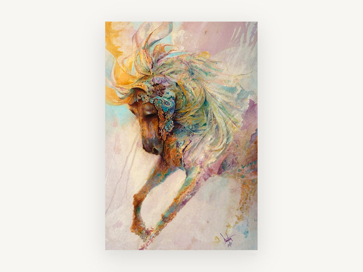 Dancing Paisley Horse, whimsical horse mixed media portrait, animal canvas wall art print, front view