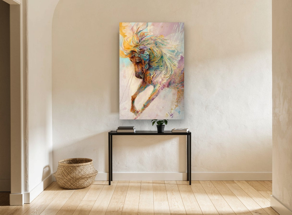 Dancing Paisley Horse animal canvas print on the wall of a hallway