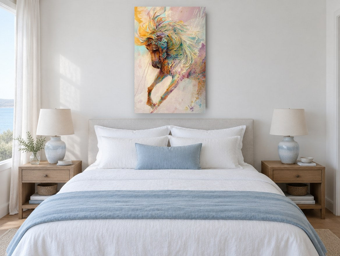 Dancing Paisley Horse animal canvas print on the wall of a bedroom