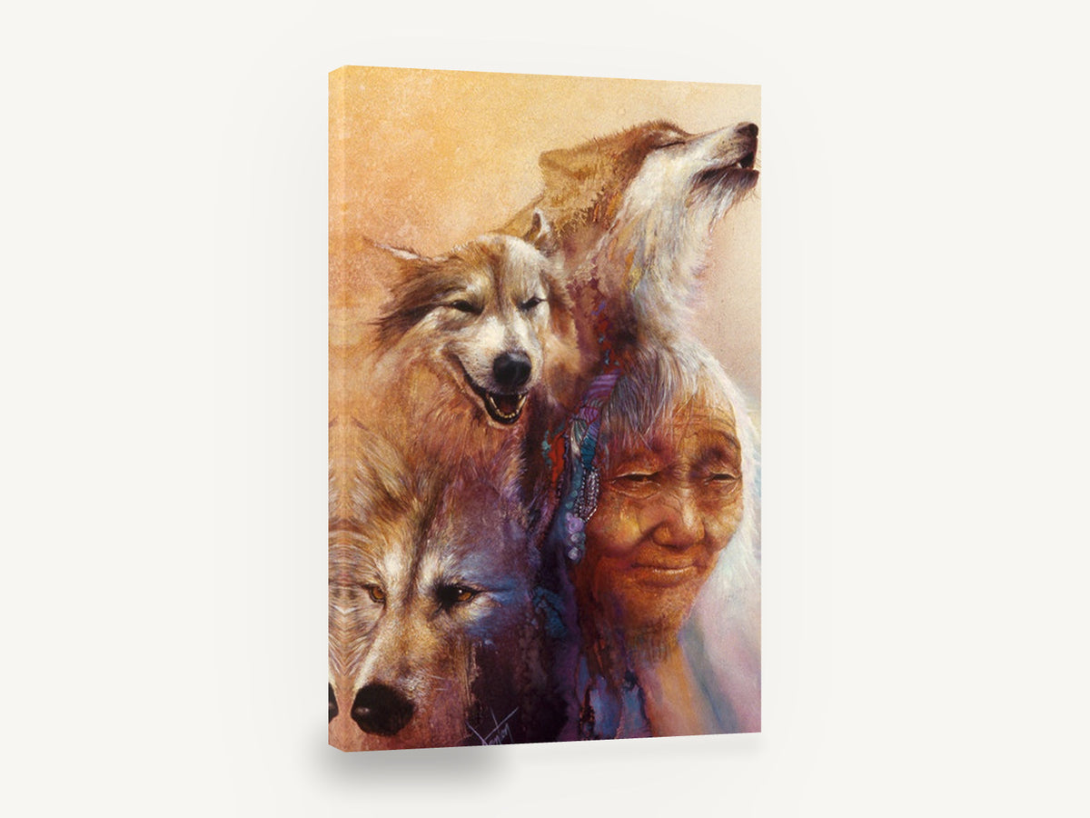 Spirit Wolves and Elder, wolves and elder woman portrait, animal canvas wall art print ready to hang