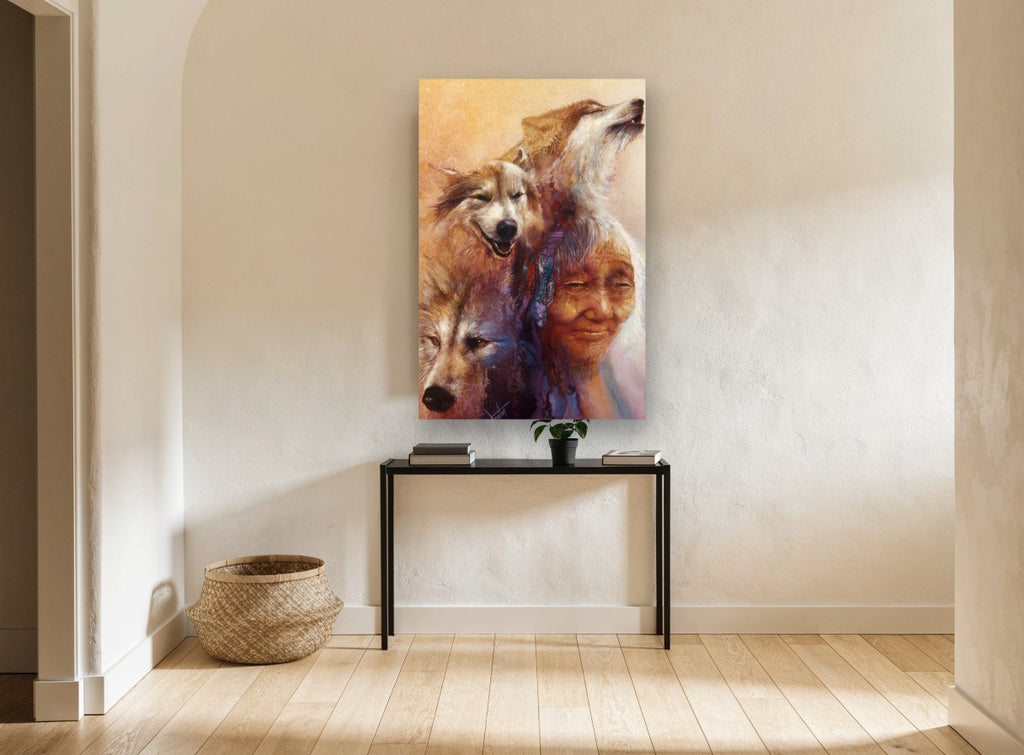 Spirit Wolves and Elder animal canvas print on the wall of a hallway