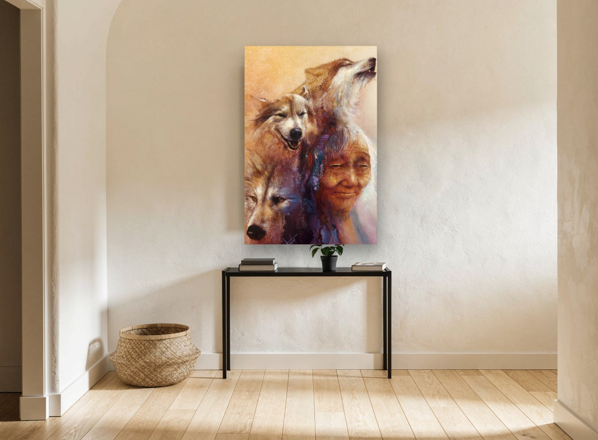 Spirit Wolves and Elder animal canvas print on the wall of a hallway