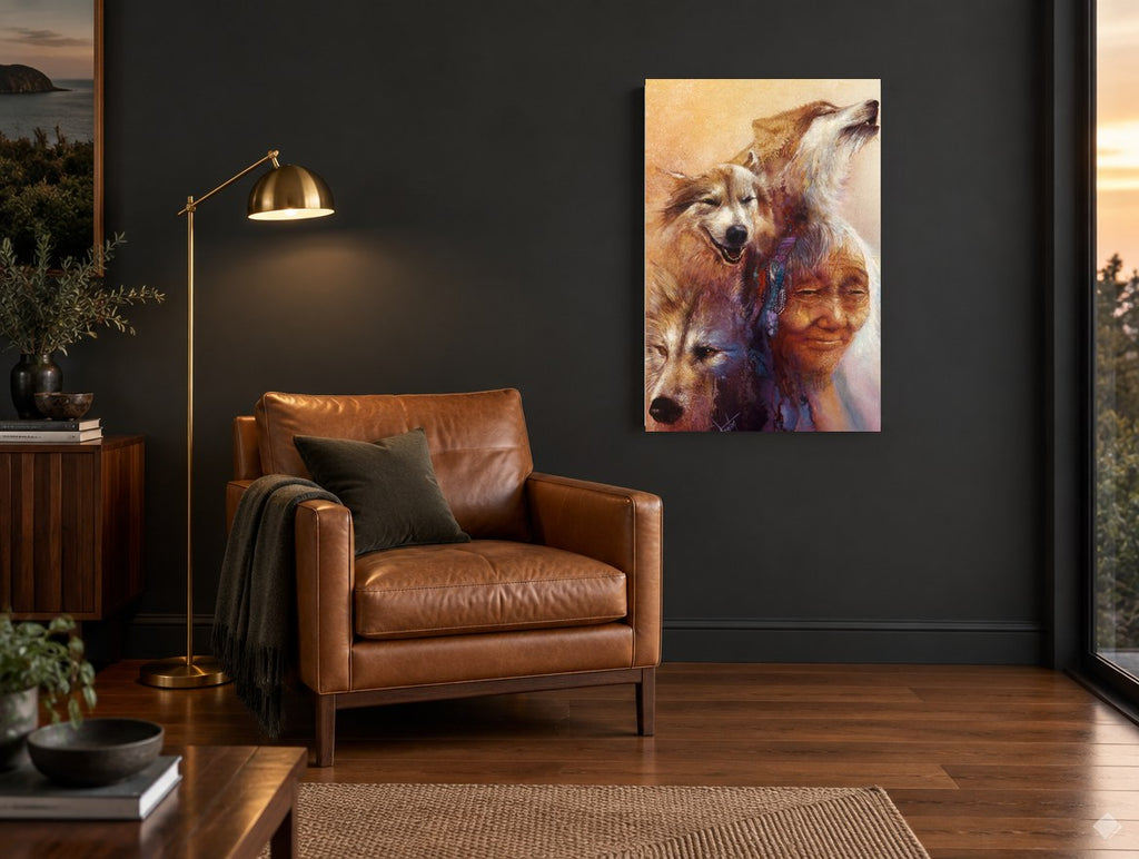 Spirit Wolves and Elder animal canvas print on the wall of a charcoal living room