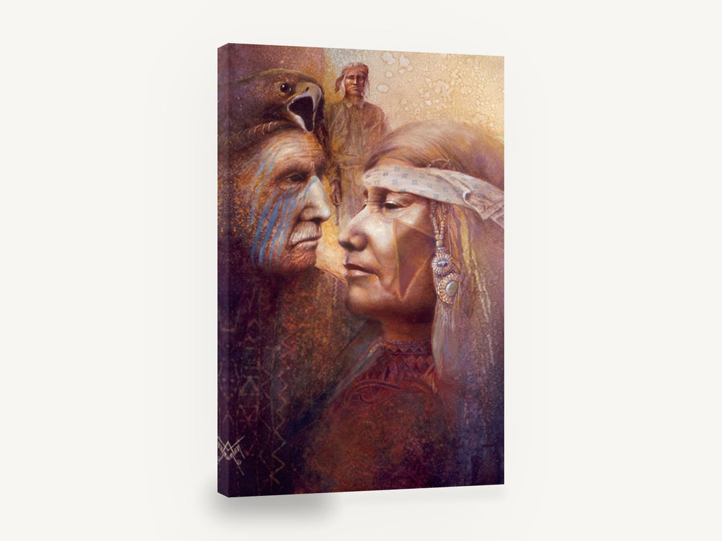 Eagle Spirit Profiles, face to face portrait with eagle, animal canvas wall art print ready to hang