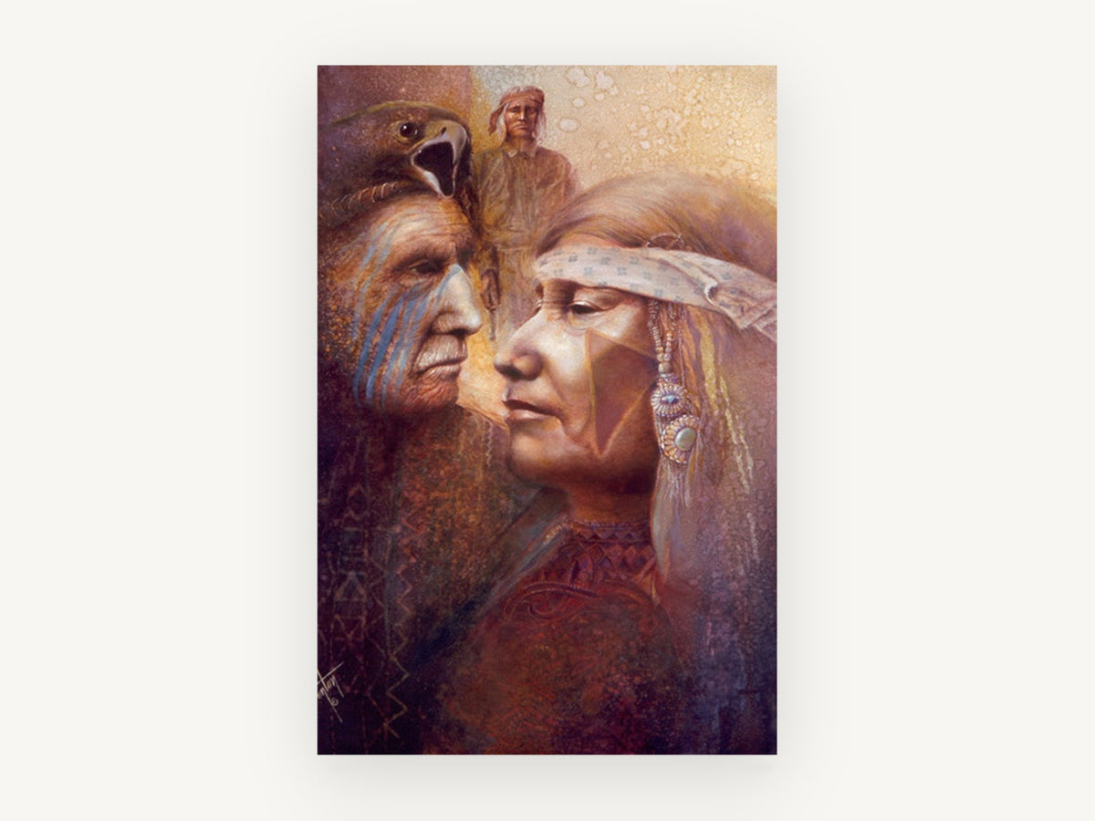 Eagle Spirit Profiles, face to face portrait with eagle, animal canvas wall art print, front view