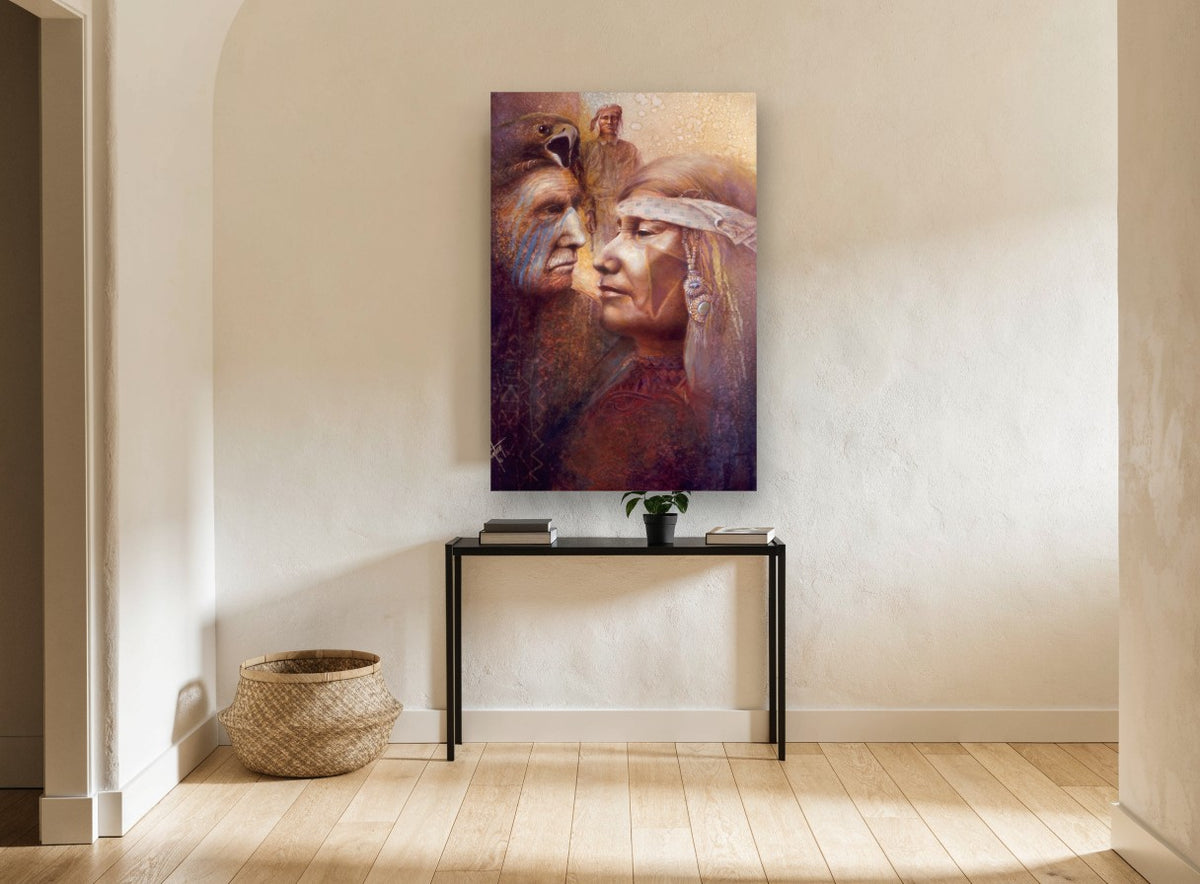 Eagle Spirit Profiles animal canvas print on the wall of a hallway