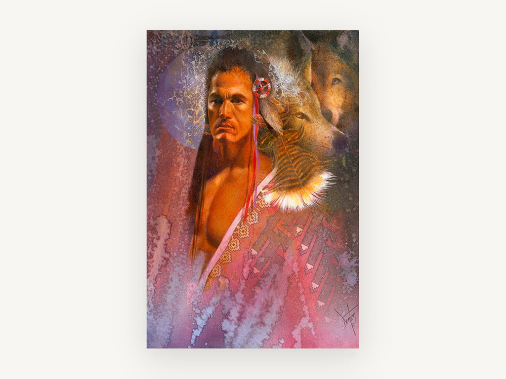 Wolf Spirit Guardian, man and wolf spirit portrait, animal canvas wall art print, front view