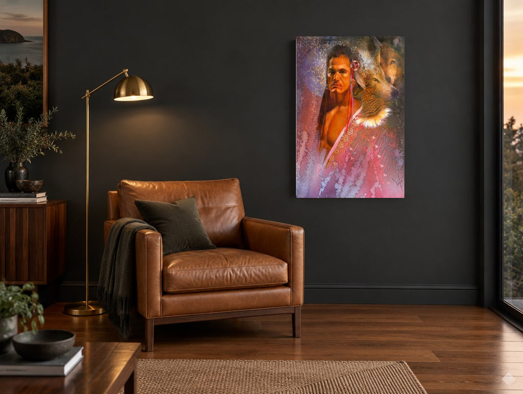Wolf Spirit Guardian animal canvas print on the wall of a charcoal living room