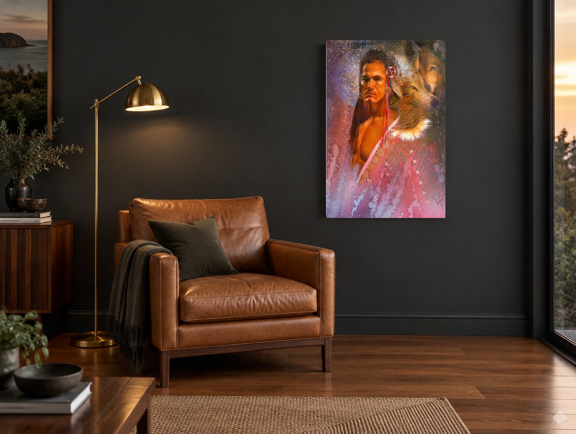 Wolf Spirit Guardian animal canvas print on the wall of a charcoal living room