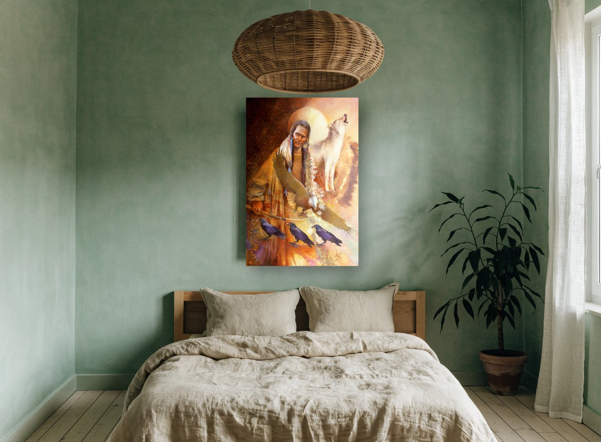 Wolf Eagle and Ravens animal canvas print on the wall of a bedroom