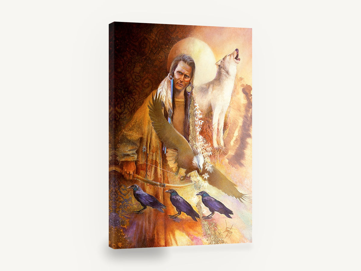 Wolf Eagle and Ravens, wolf, eagle and ravens figurative artwork, animal canvas wall art print ready to hang